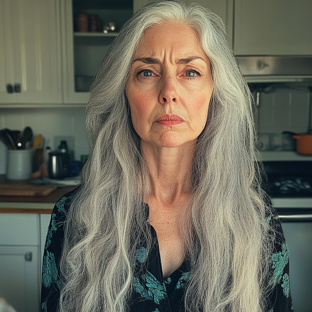 A glum woman standing in a kitchen | Source: Midjourney