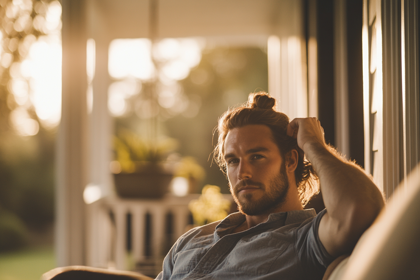 A man sits on a porch swing running his hand through his hair | Source: Midjourney