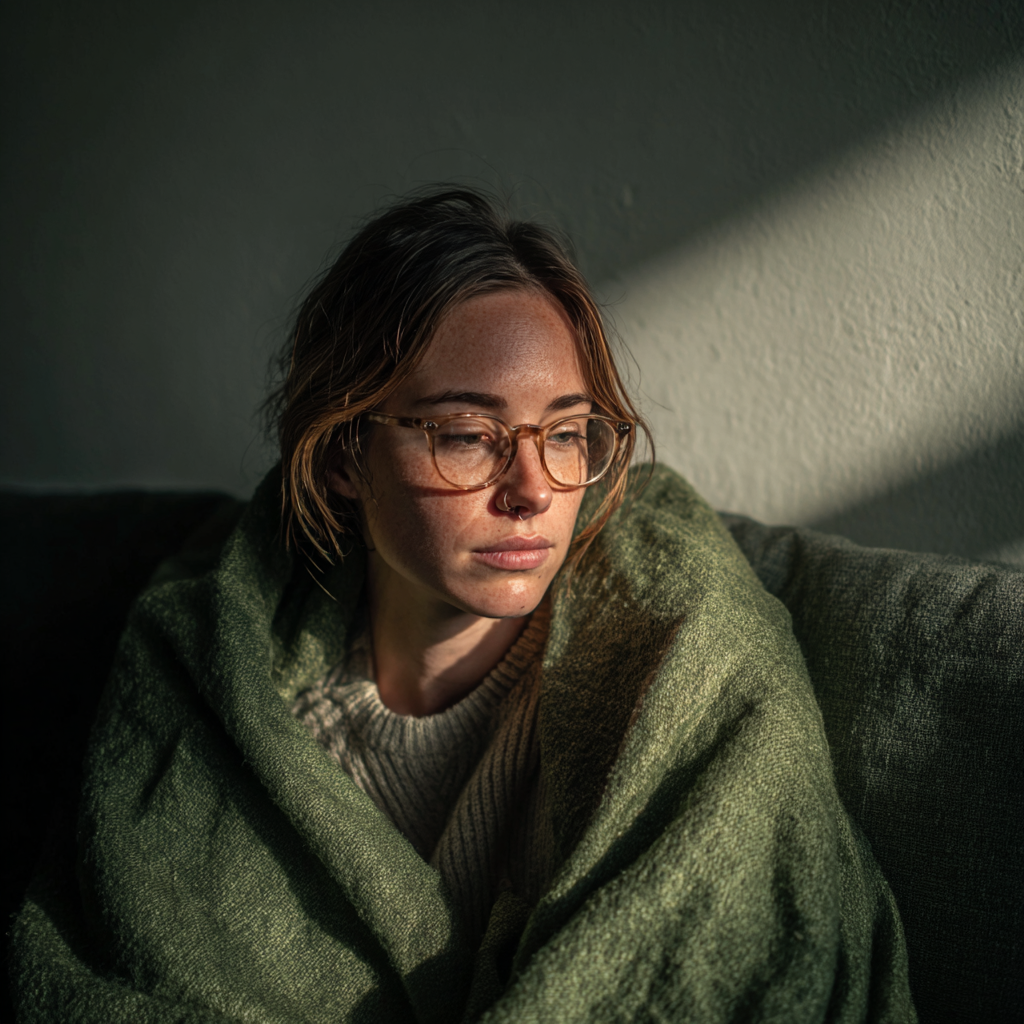An emotional woman wrapped in a green blanket | Source: Midjourney
