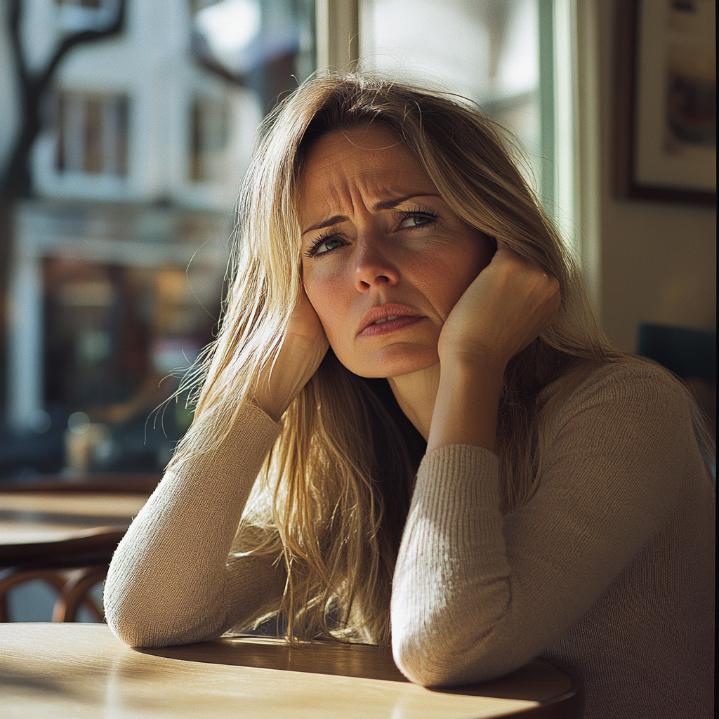 A worried woman leaning on a table | Source: Midjourney