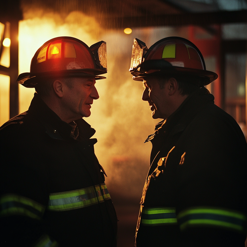 Two mature firefighters talking | Source: Midjourney