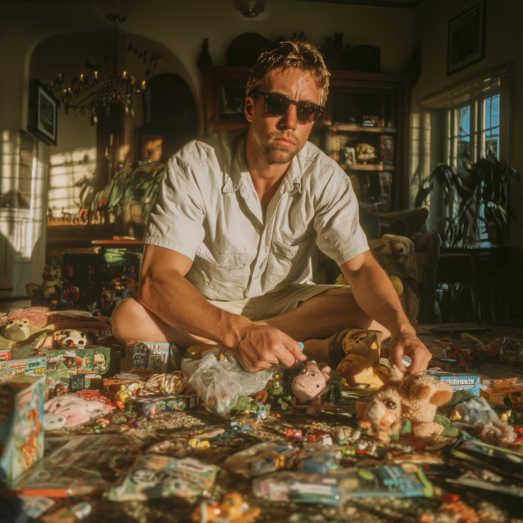 A serious man packing up toys | Source: Midjourney