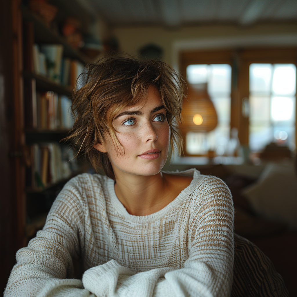 A woman with a pixie haircut in her study | Source: Midjourney