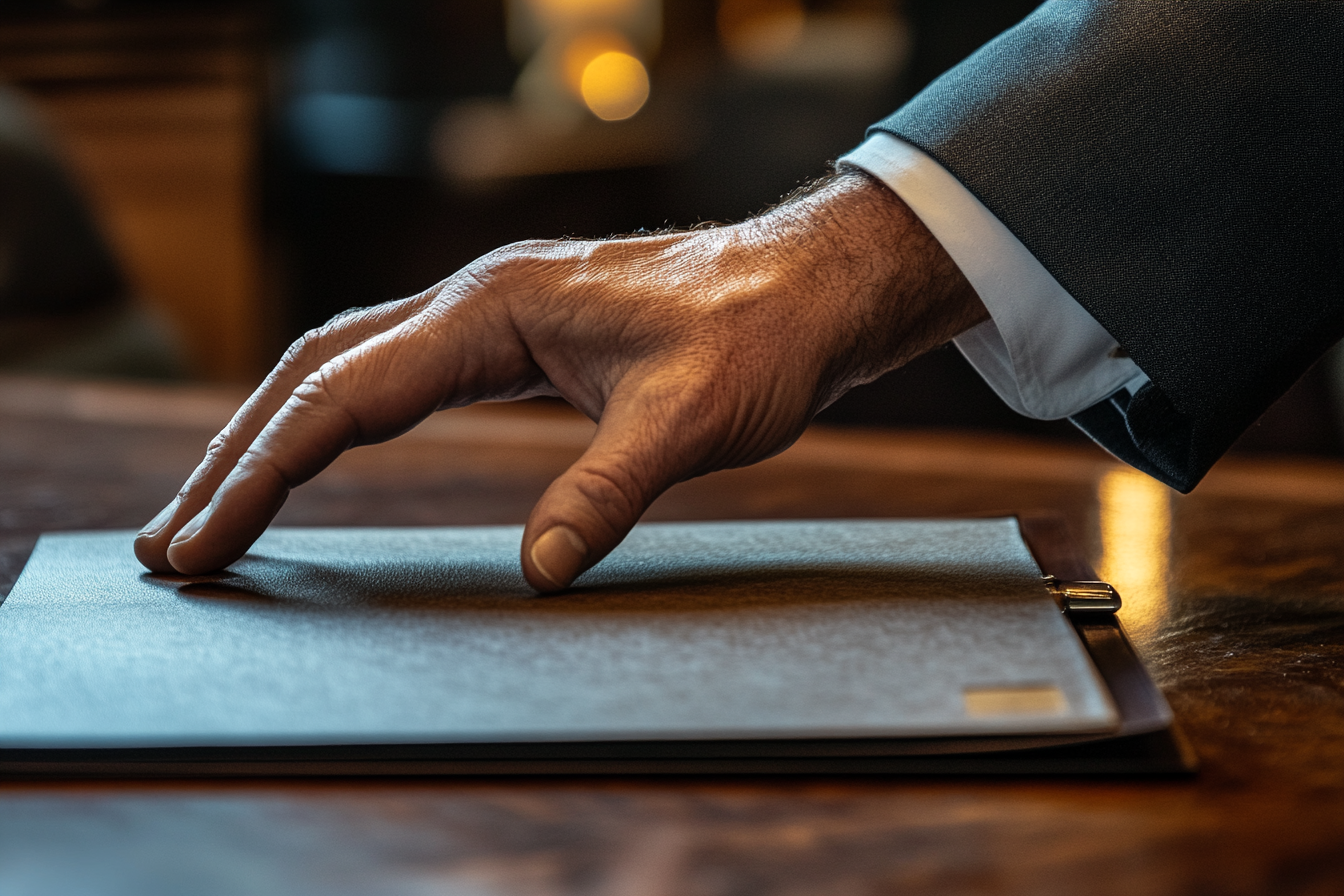 La main d'un homme posée sur des documents | Source : Midjourney