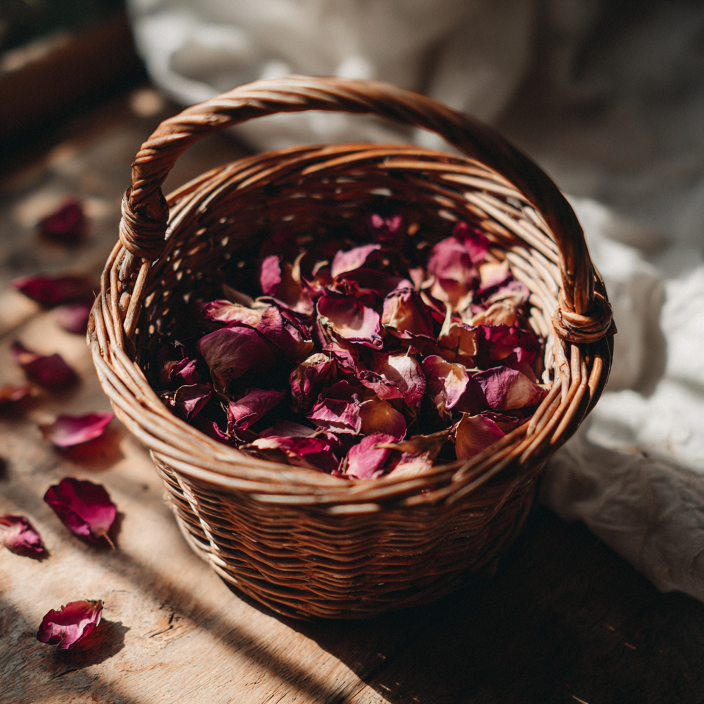 A basket of dried rose petals | Source: Midjourney
