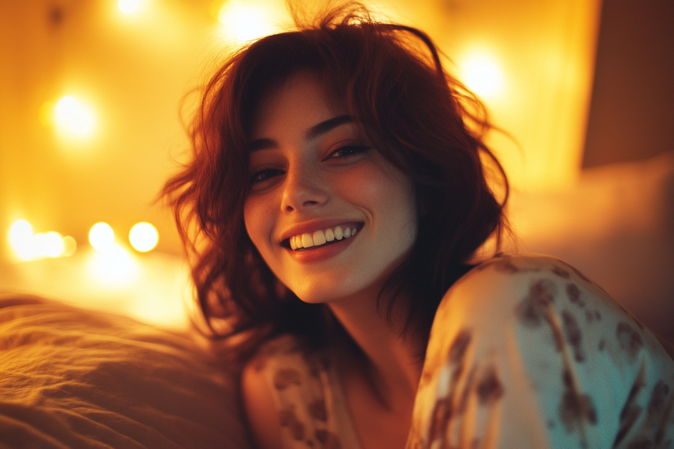 A woman in bed smiling confidently | Source: Midjourney