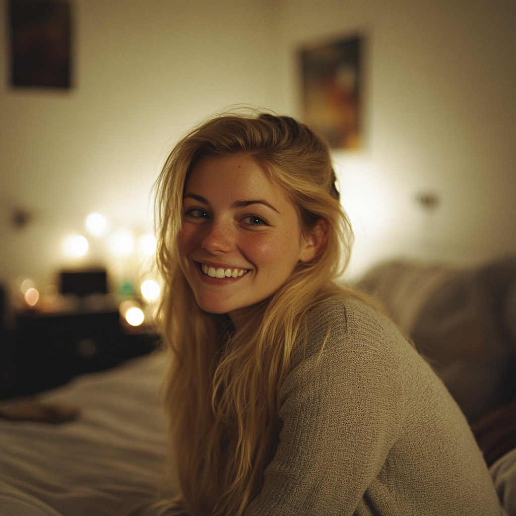 A smiling woman in her bedroom | Source: Midjourney