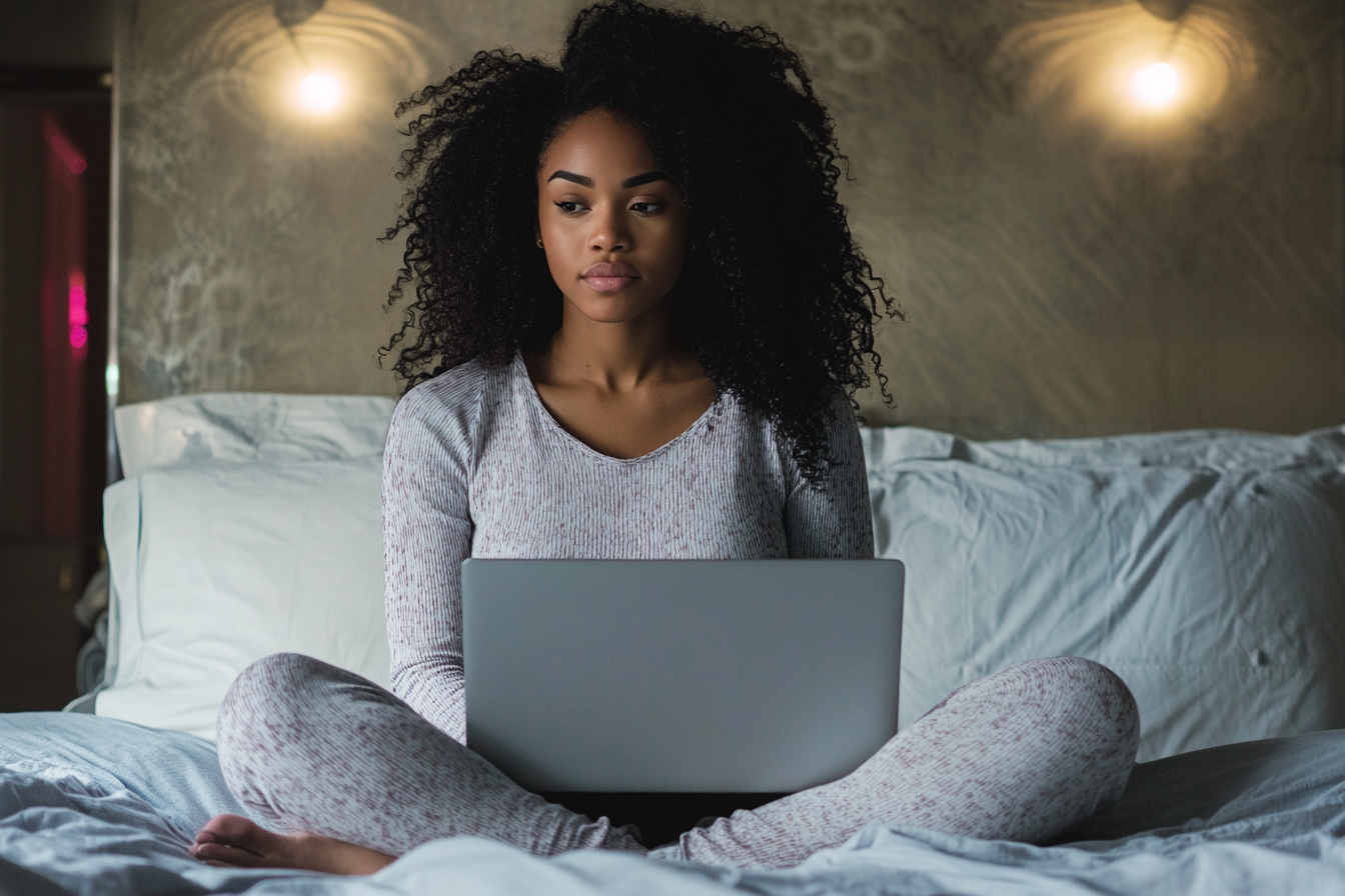 A thoughtful woman sitting on her bed | Source: Midjourney