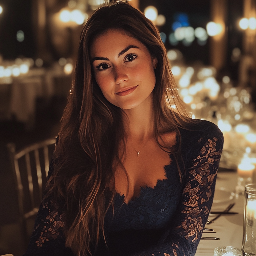 A smiling woman sitting at a table | Source: Midjourney