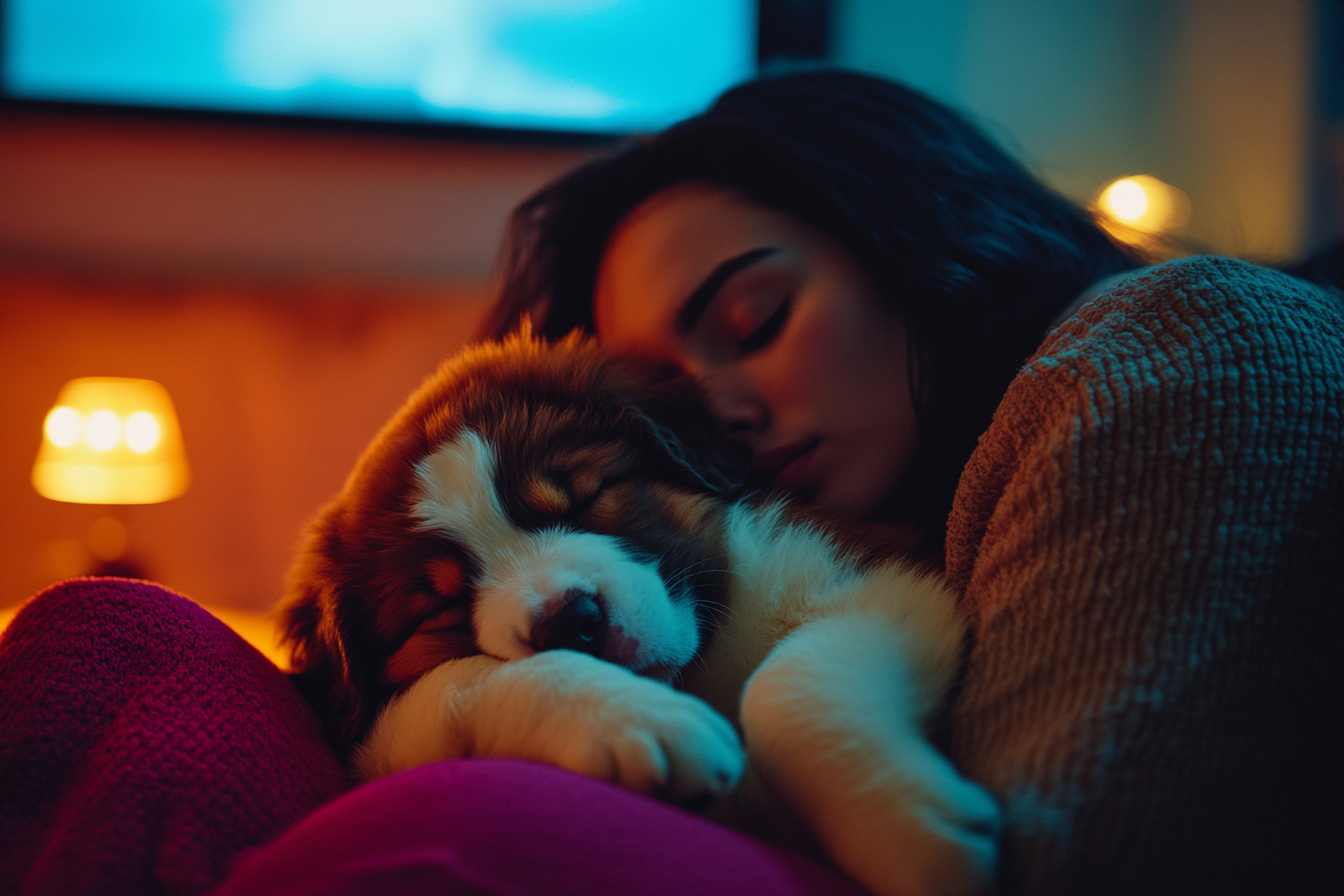 A black-haired woman in her 30s curls up with a sleeping Saint Bernard puppy on the couch while watching TV | Source: Midjourney