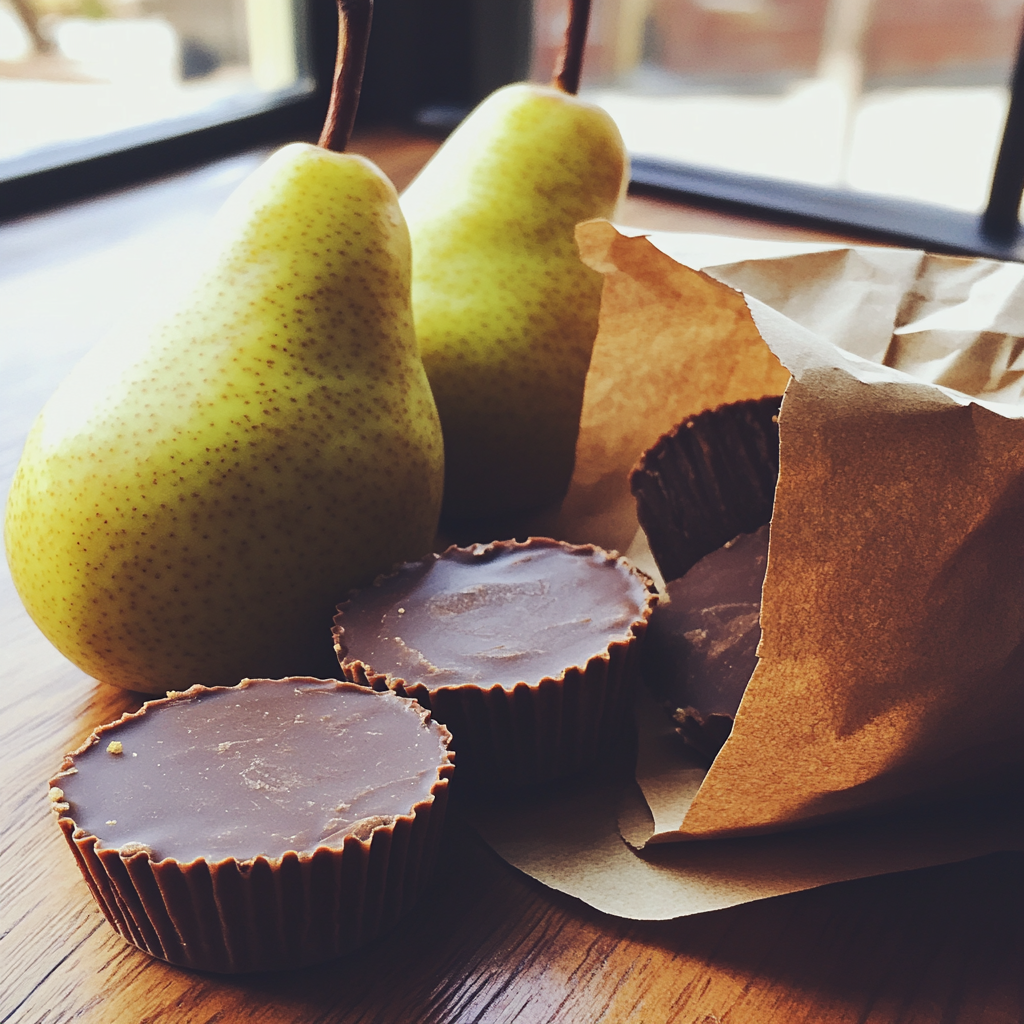 Pears and peanut butter cups in a brown bag | Source: Midjourney
