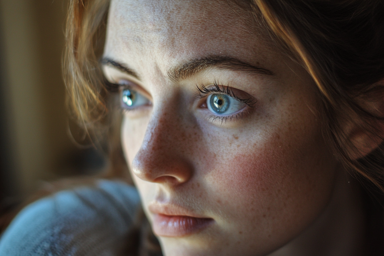 Close up of a woman staring ahead with wide eyes | Source: Midjourney