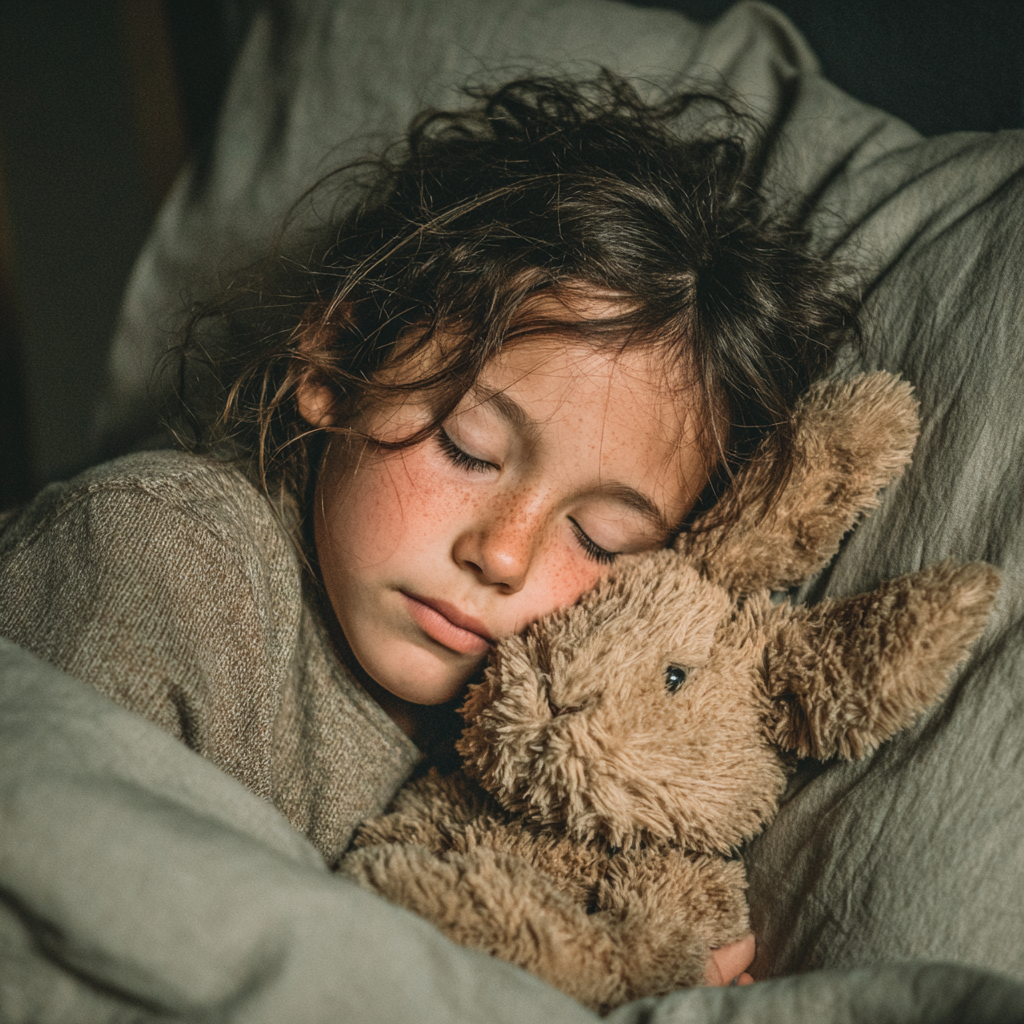 A girl sleeping with her stuffed toy | Source: Midjourney