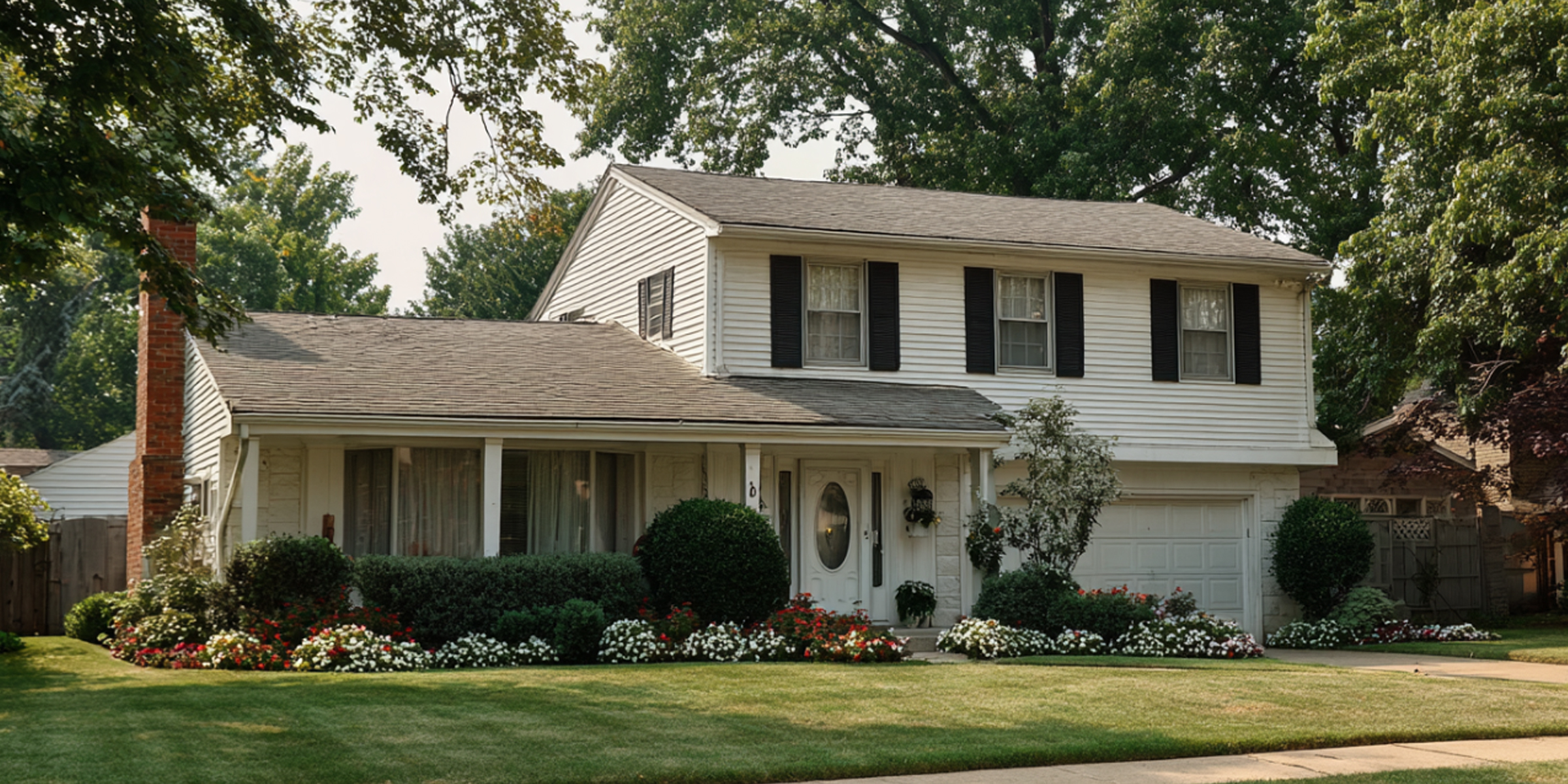 A suburban home with white siding, black shutters, and a lush front yard lined with colorful flowers | Source: The Celebritist