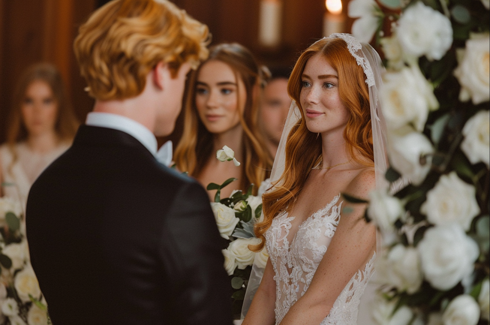 A happy bride smiling at her groom | Source: Midjourney