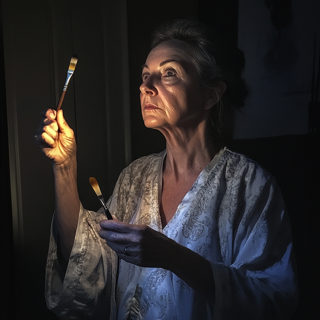 An older woman holding paintbrushes | Source: Midjourney