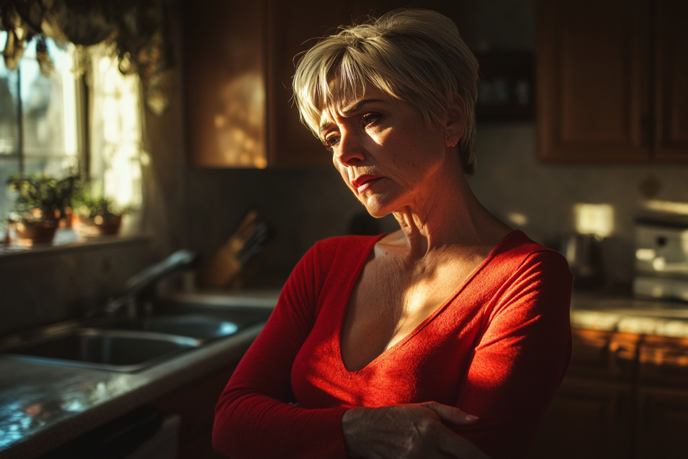 Woman in her 60s standing with her arms crossed looking sad in the kitchen of a home | Source: Midjourney