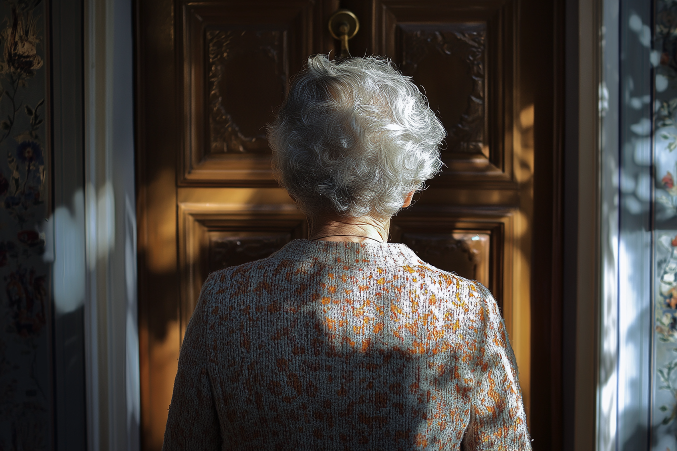 Senior woman knocking on a door | Source: Midjourney