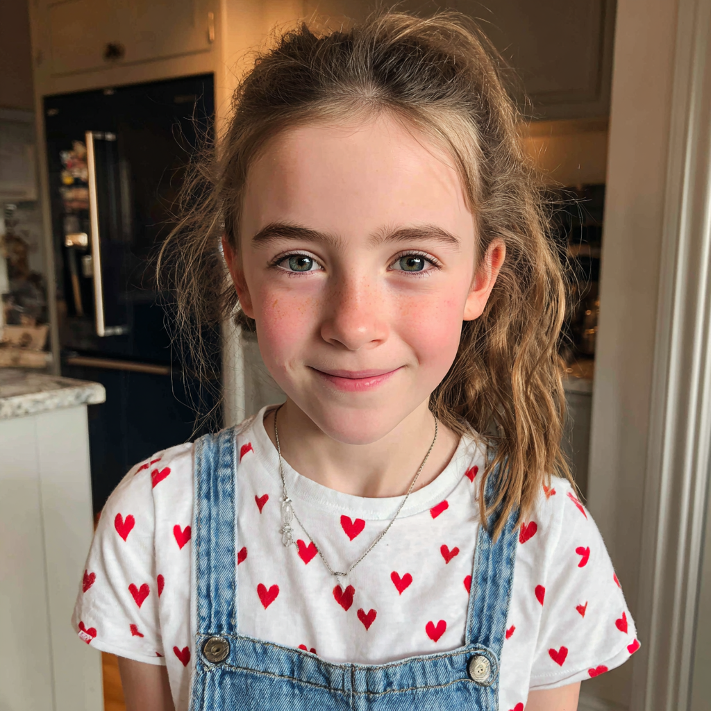 A smiling little girl in dungarees | Source: Midjourney
