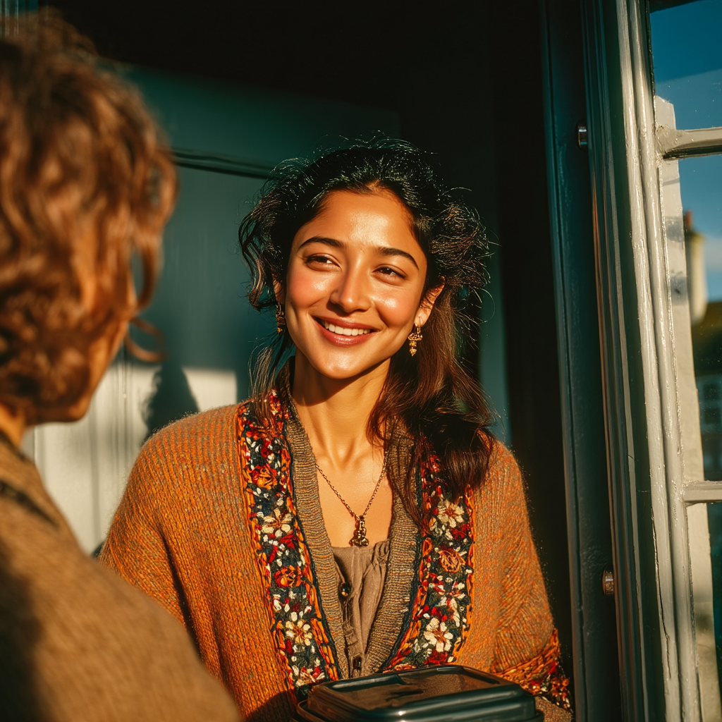 A happy woman talking to her neighbor | Source: Midjourney