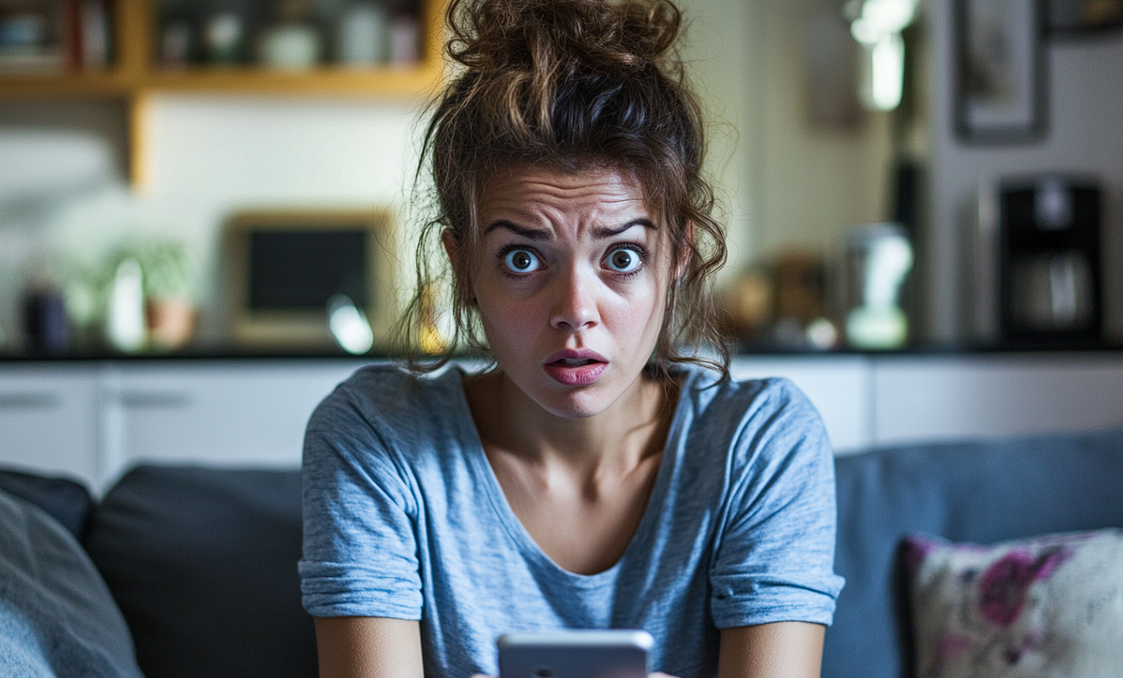 Une femme regarde son téléphone, sous le choc | Source : Midjourney