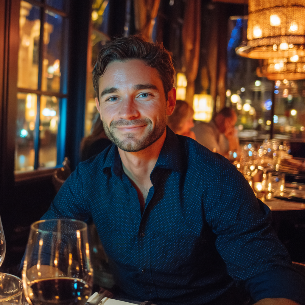 A close up of a smiling man seated at a table | Source: Midjourney