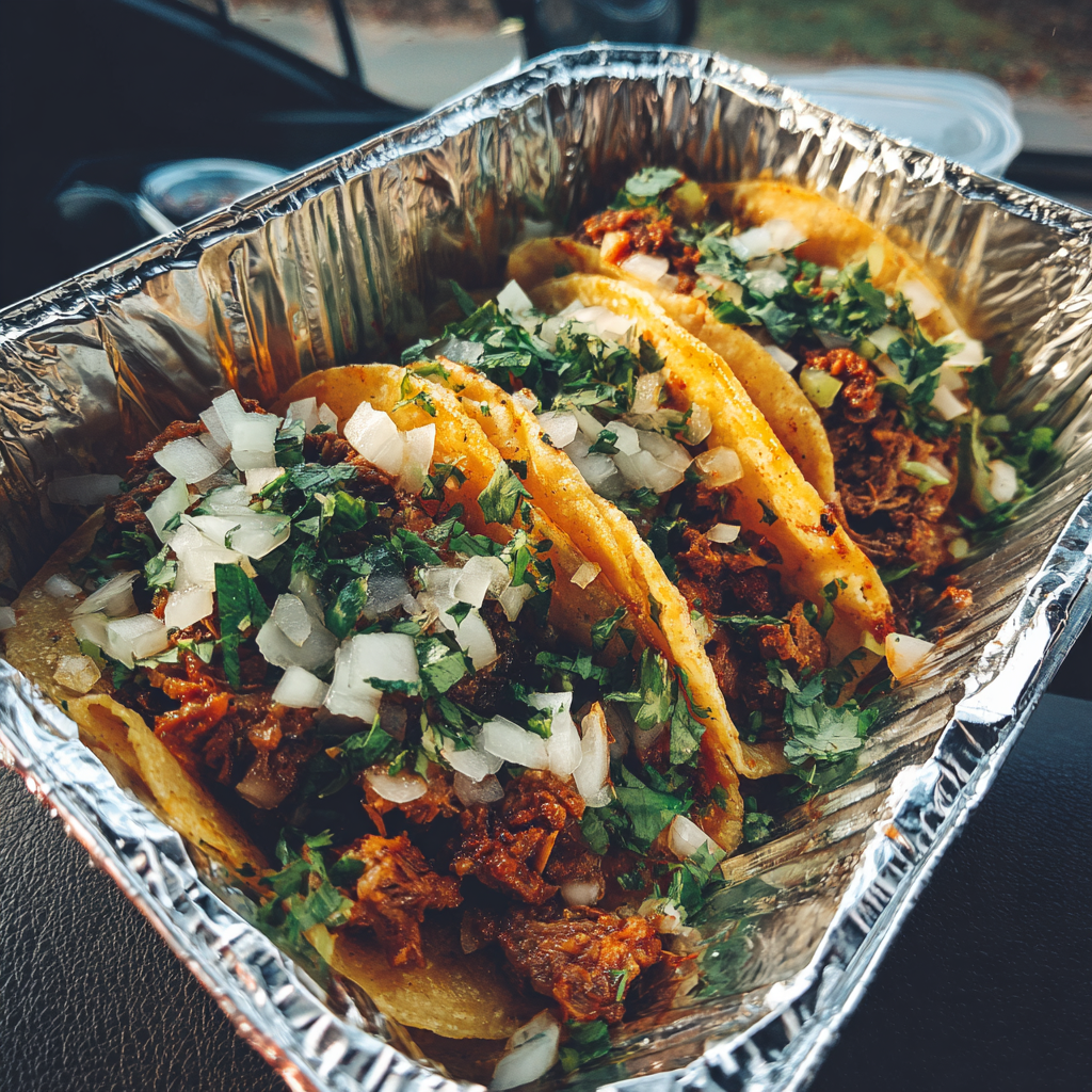 A foil container of tacos | Source: Midjourney