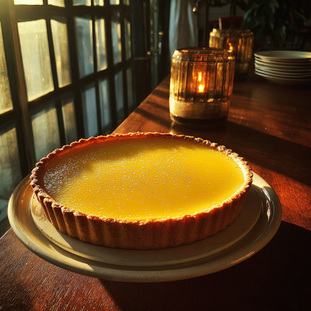 A lemon tart on a table | Source: Midjourney