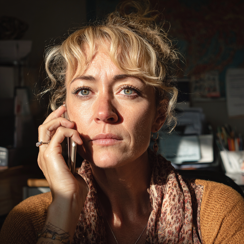 A woman holding a cellphone and looking pensive | Source: Midjourney