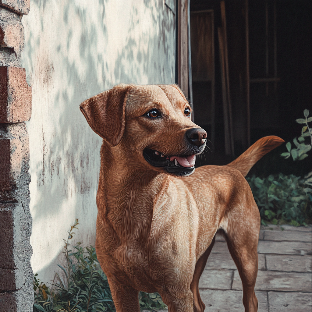 Um cão parado do lado de fora de uma casa abandonada | Fonte: Midjourney