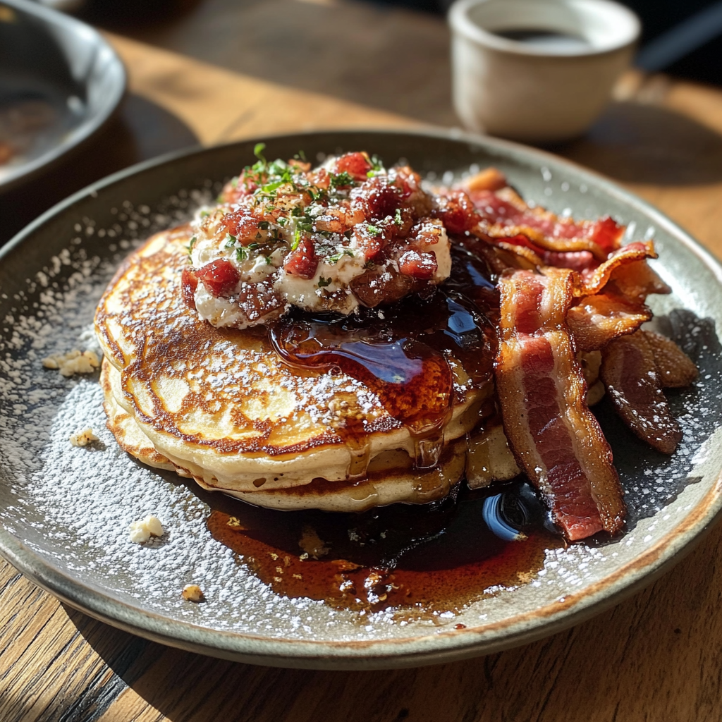 A plate of pancakes with bacon | Source: Midjourney