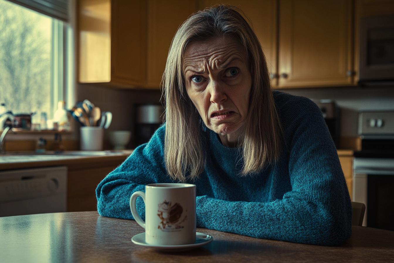 Una mujer con una taza de café sentada en una mesa de cocina con aspecto enfadado | Fuente: Midjourney