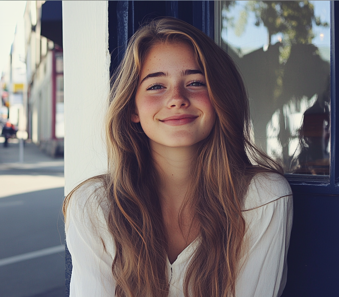 A young woman sitting outside a coffee shop | Source: Midjourney