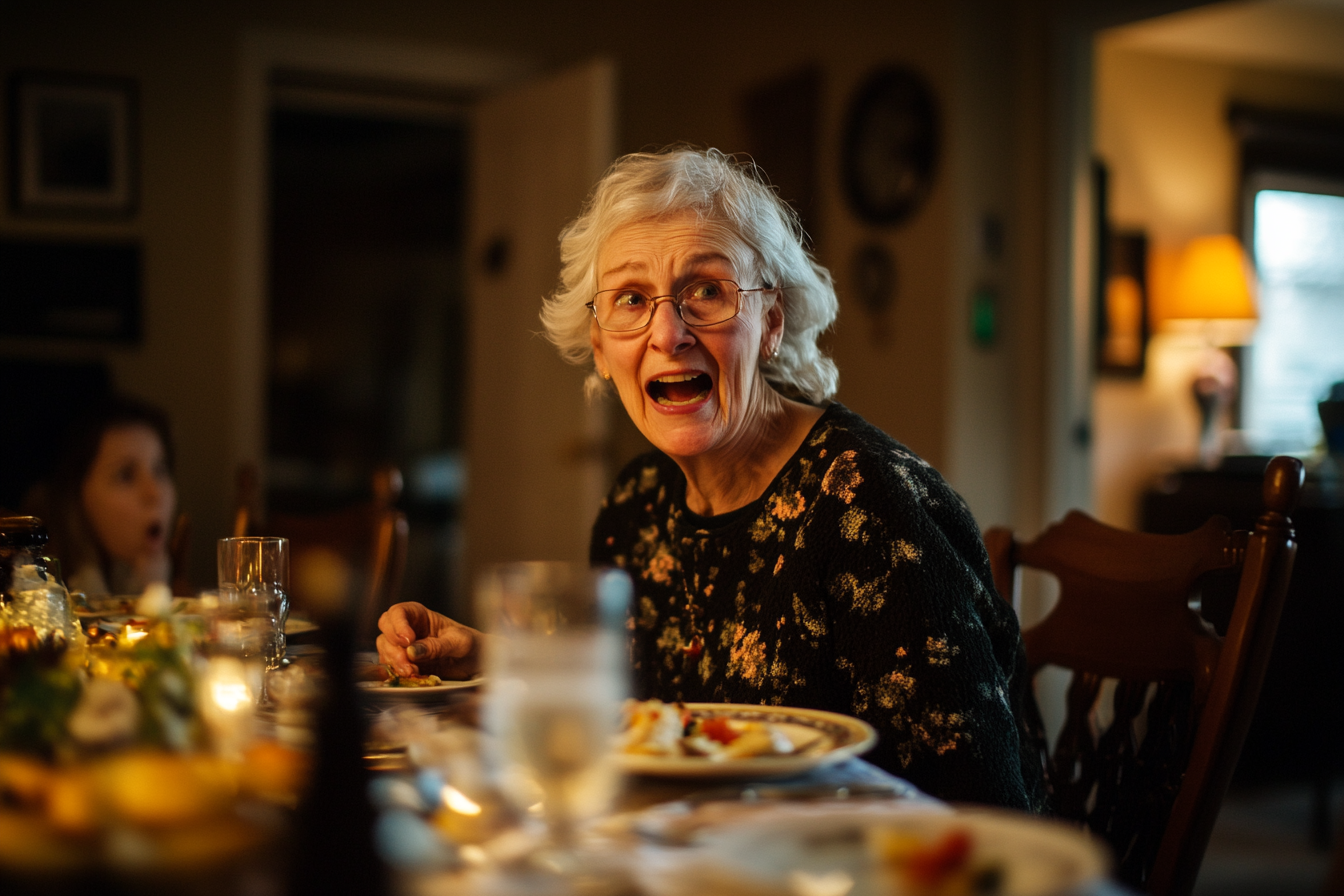 A mature woman speaking angrily during dinner | Source: Midjourney