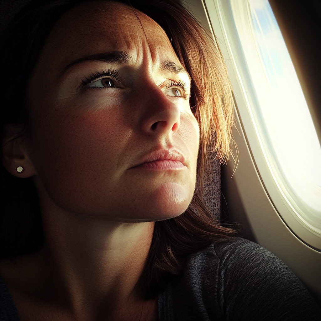 A frowning woman in an airplane | Source: Midjourney