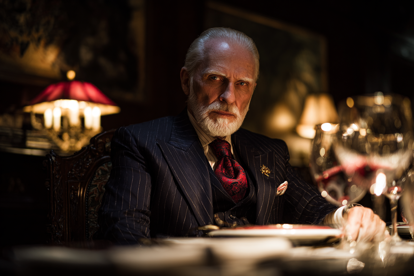 An older man sitting at a dinner table | Source: Midjourney