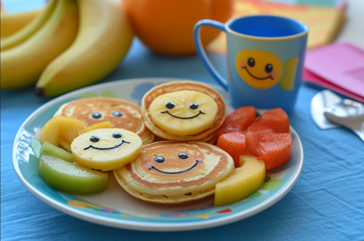 A plate of decorated pancakes and fruit | Source: Midjourney