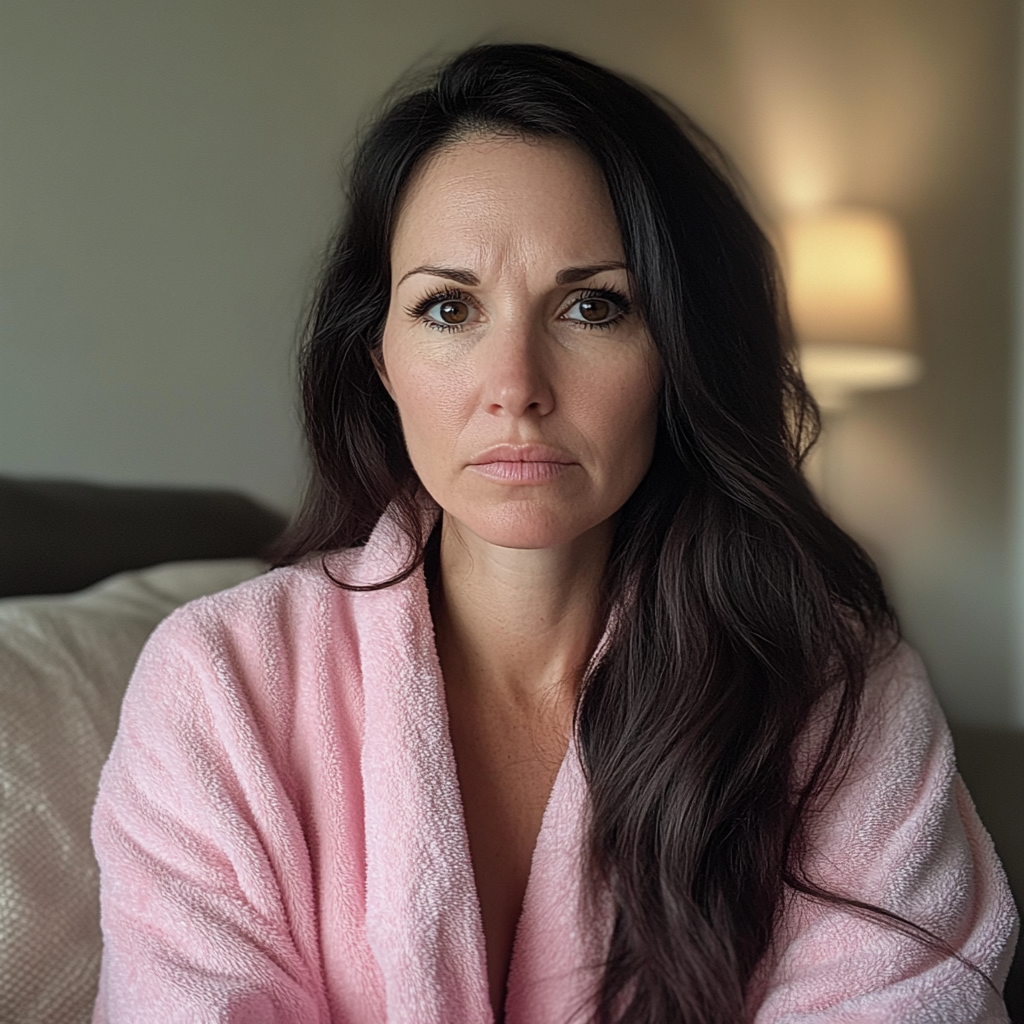 A woman sitting on a couch wearing a pink robe | Source: Midjourney
