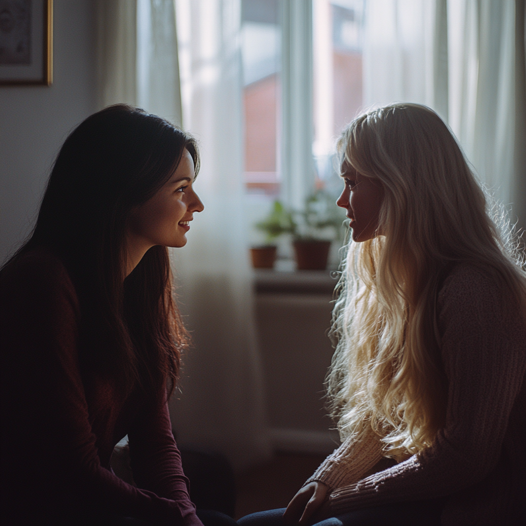 A woman talking to her upset sister | Source: Midjourney