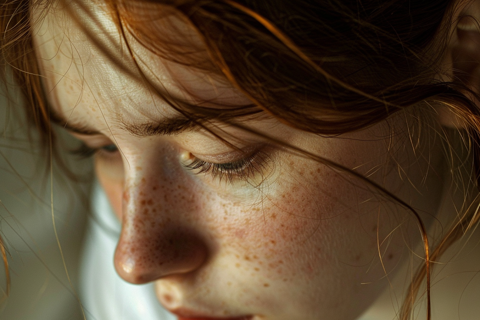 Une femme triste, les yeux baissés | Source : Midjourney