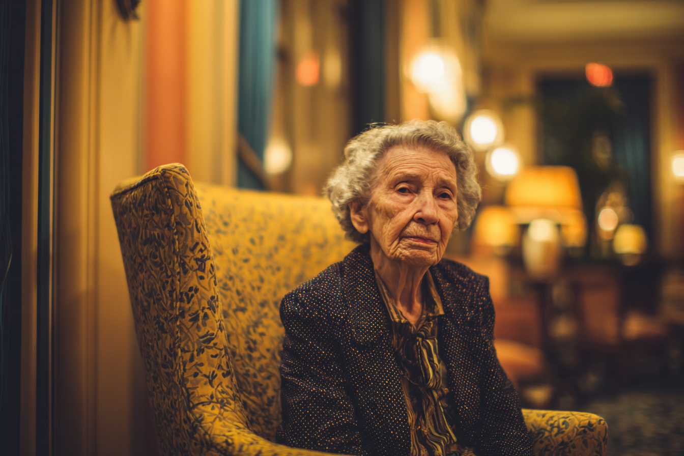 An older woman sitting in a hotel lobby | Source: Midjourney