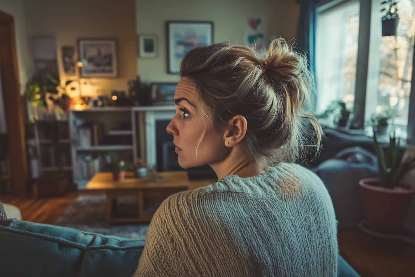 A worried woman in a living room | Source: Midjourney