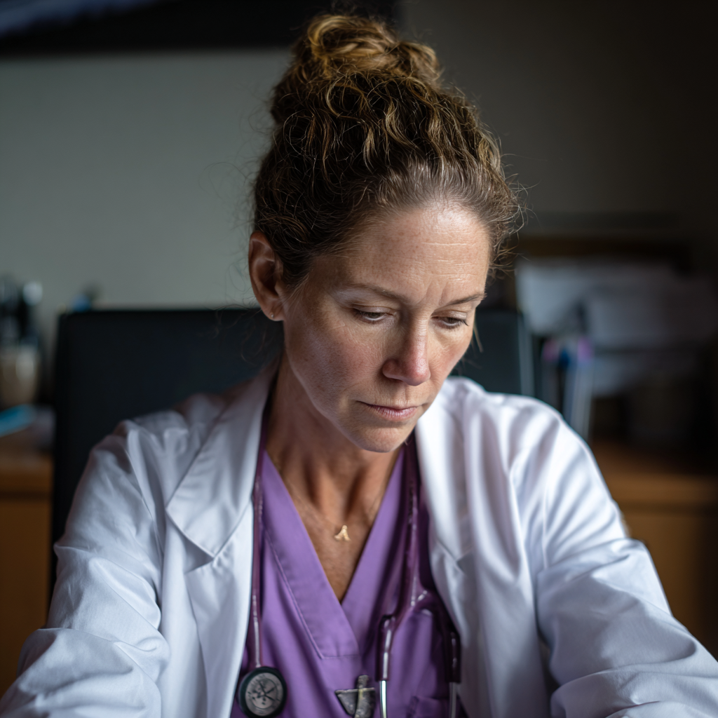 A doctor wearing lilac scrubs looking down at her lap | Source: Midjourney
