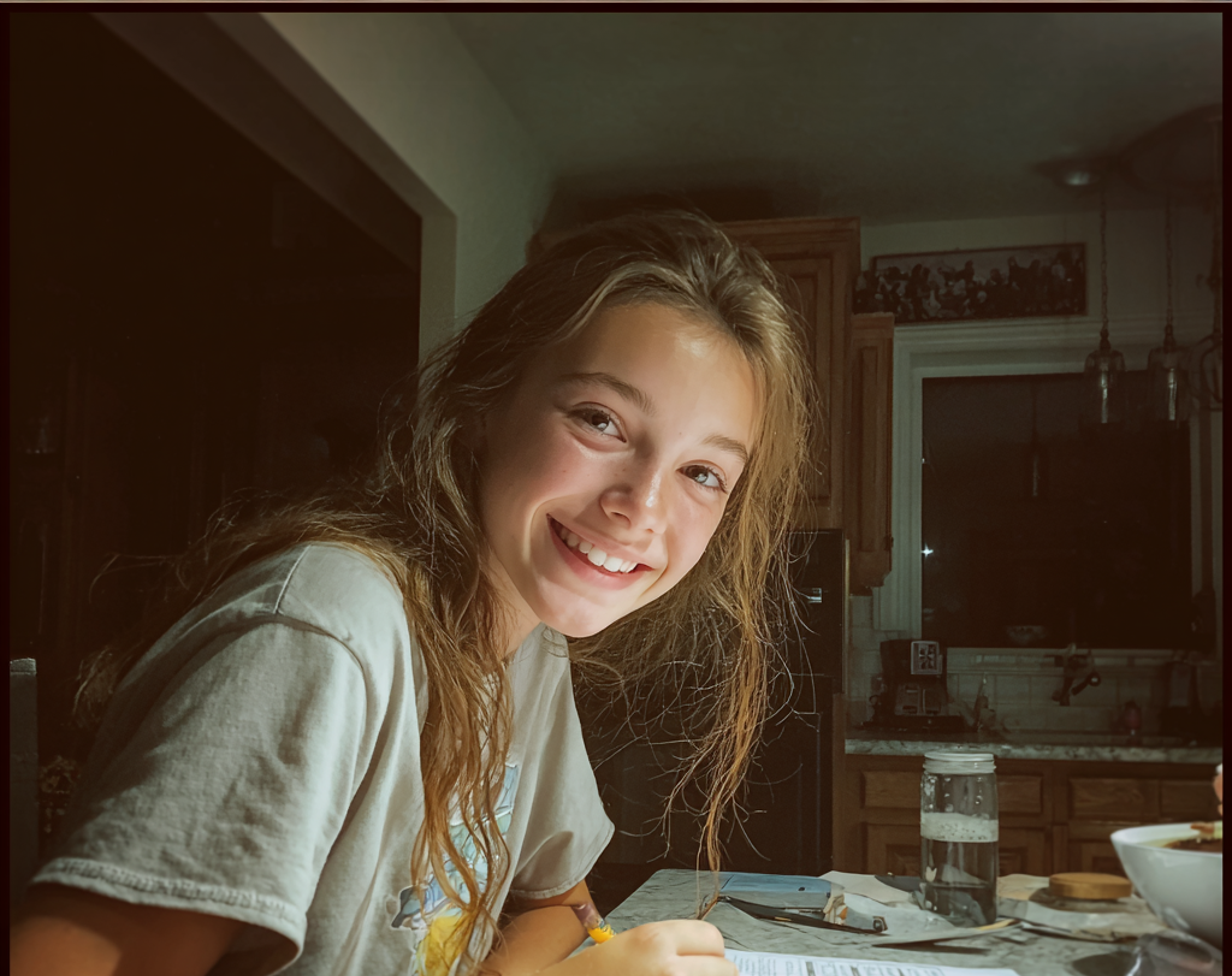 A girl sitting at a table and doing her homework | Source: Midjourney