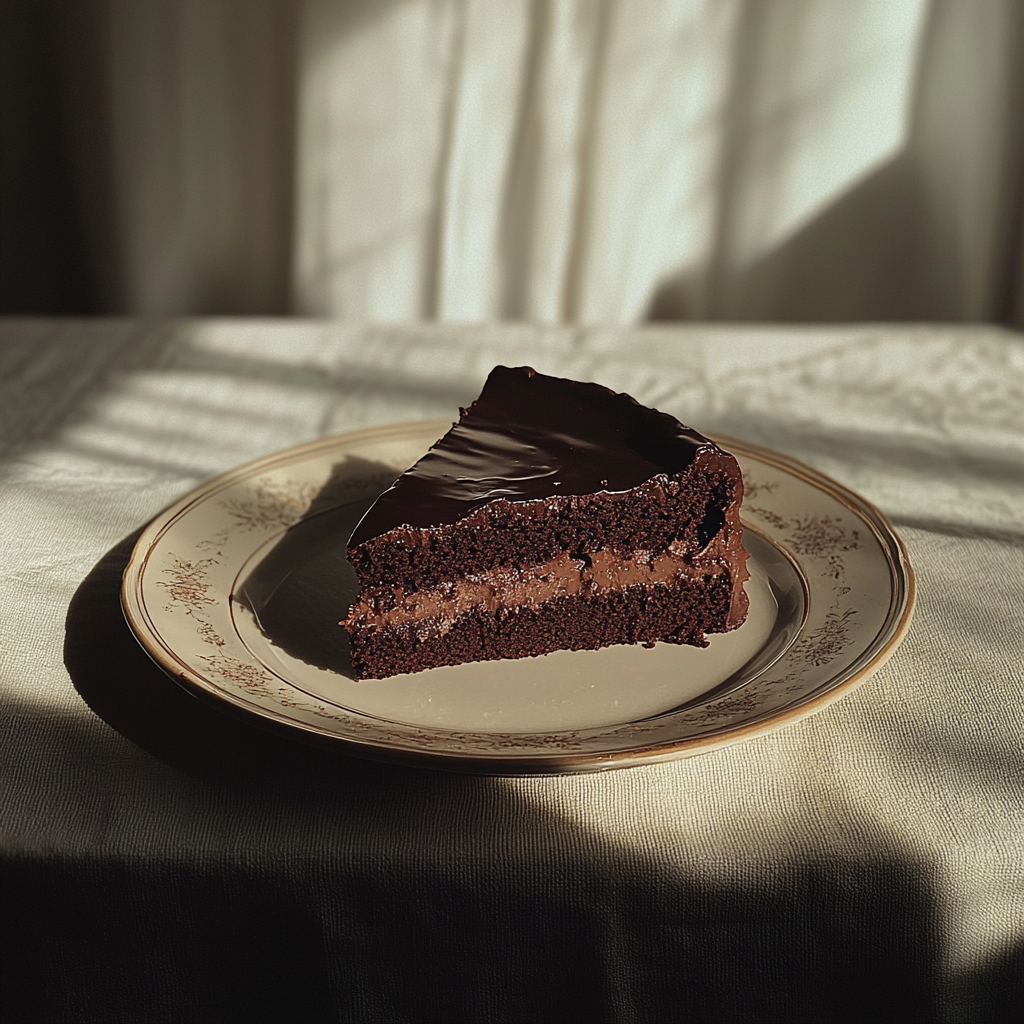 A slice of chocolate cake | Source: Midjourney
