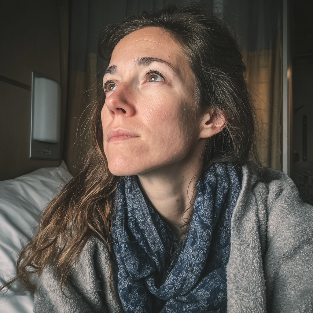 A close up of a woman wearing a gray robe | Source: Midjourney