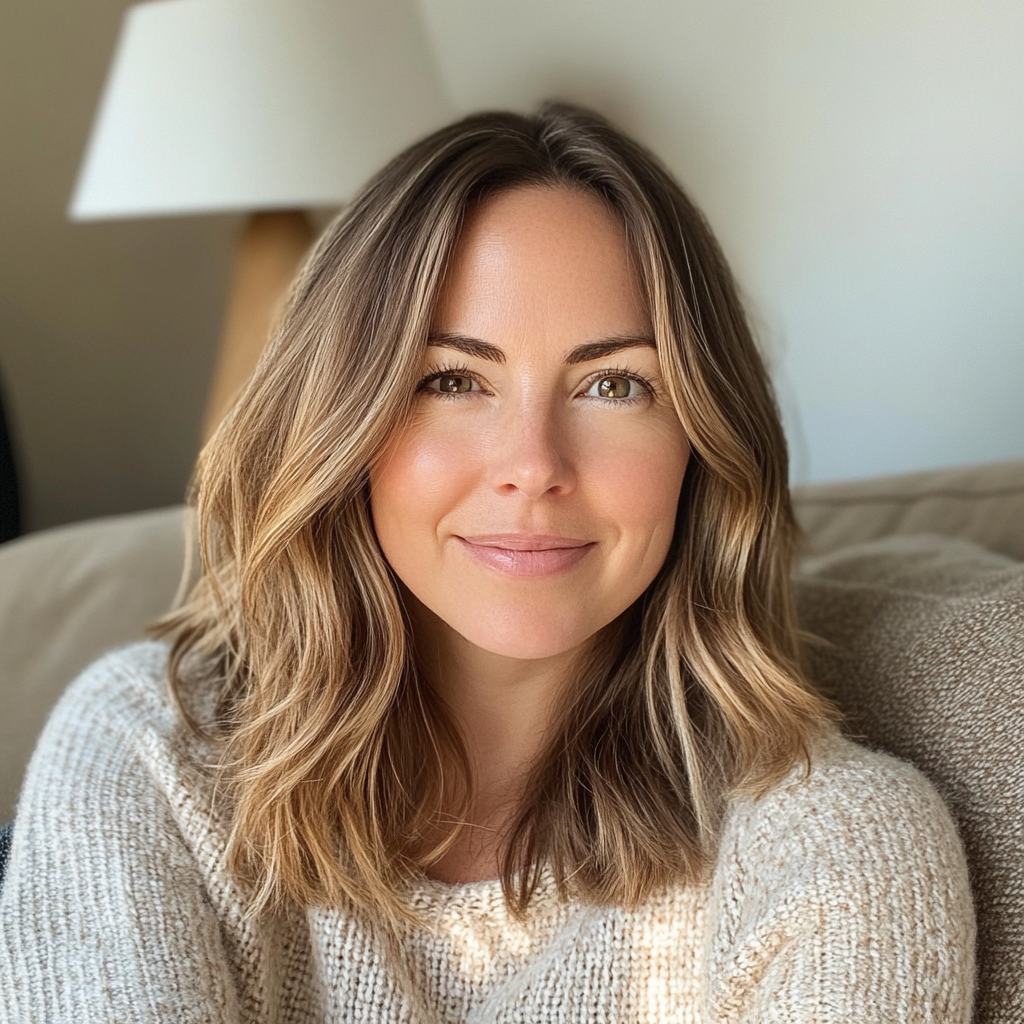 A close up of a smiling woman sitting on a couch | Source: Midjourney