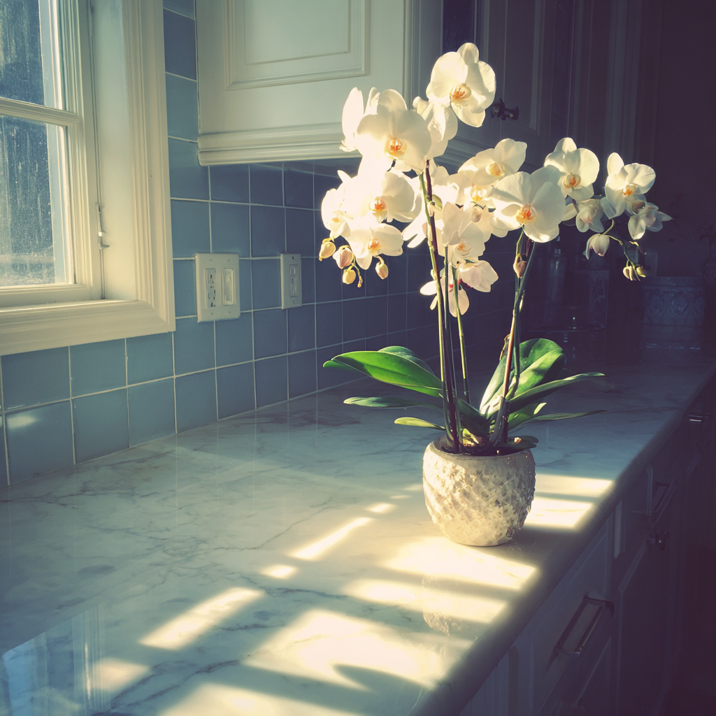 A white orchid on a kitchen counter | Source: Midjourney