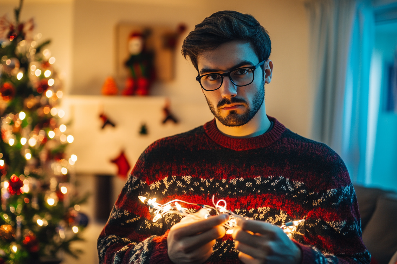 A man untangling Christmas lights in his living room | Source: Midjourney