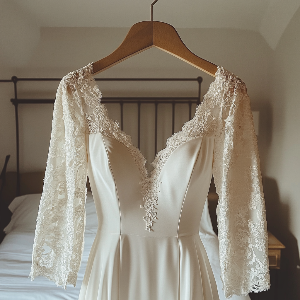 A wedding dress on a hanger | Source: Midjourney